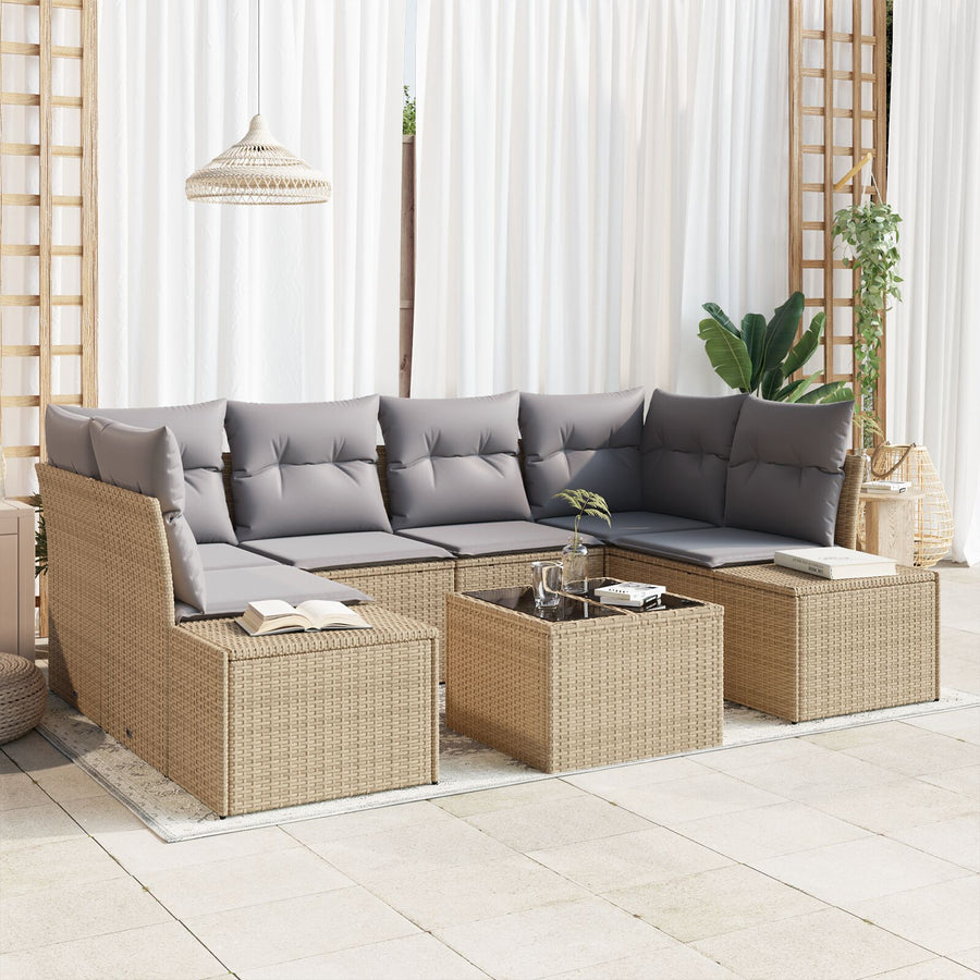 7-Delige Tuinbankset Met Kussens Beige Poly Rattan