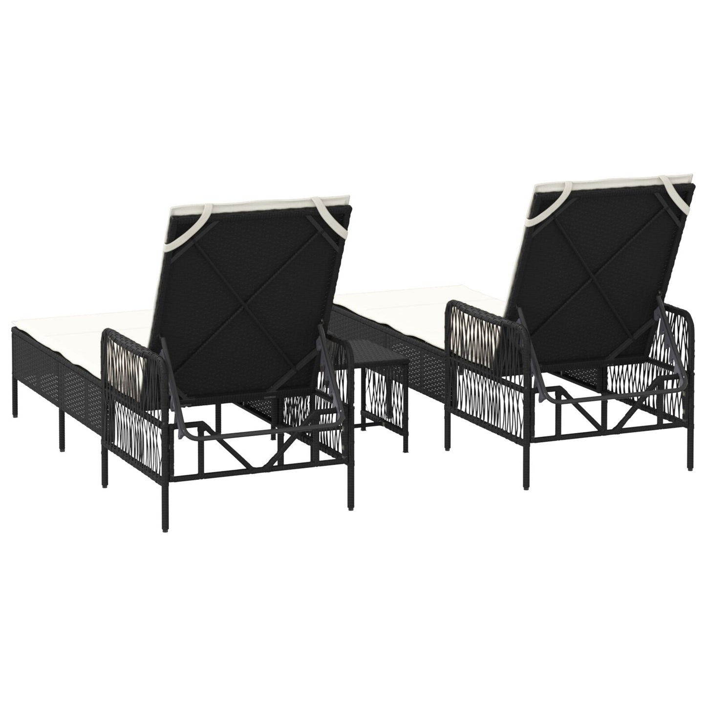 Zonnebank Set Set Van 3 Zwart En Crème Wit Pe Rattan, Metaal