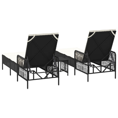 Zonnebank Set Set Van 3 Zwart En Crème Wit Pe Rattan, Metaal
