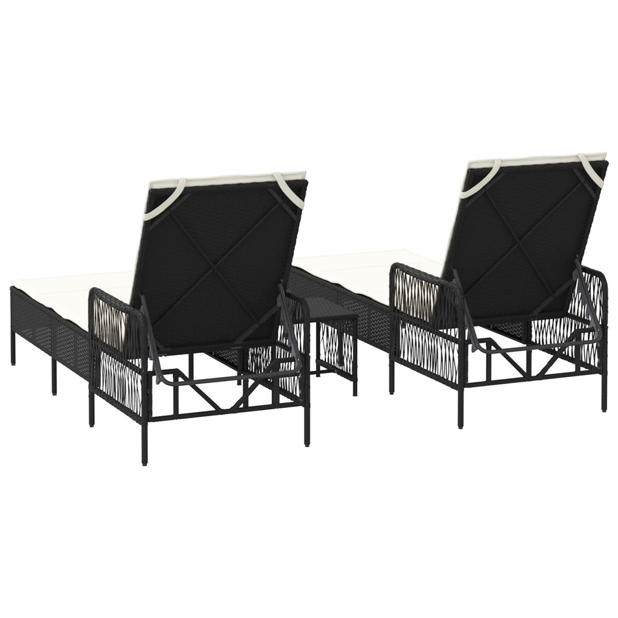 Zonnebank Set Set Van 3 Zwart En Crème Wit Pe Rattan, Metaal