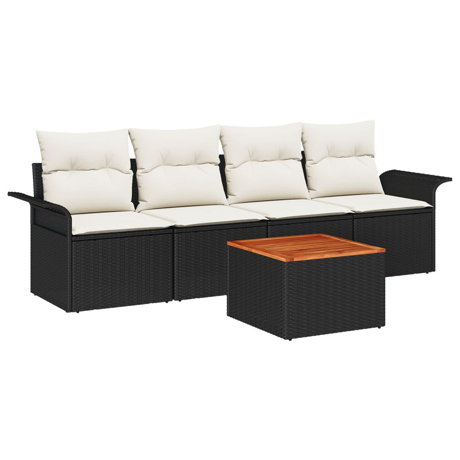 5-Delige Tuinsalon Set Met Kussens Zwart Poly Rattan Acacia