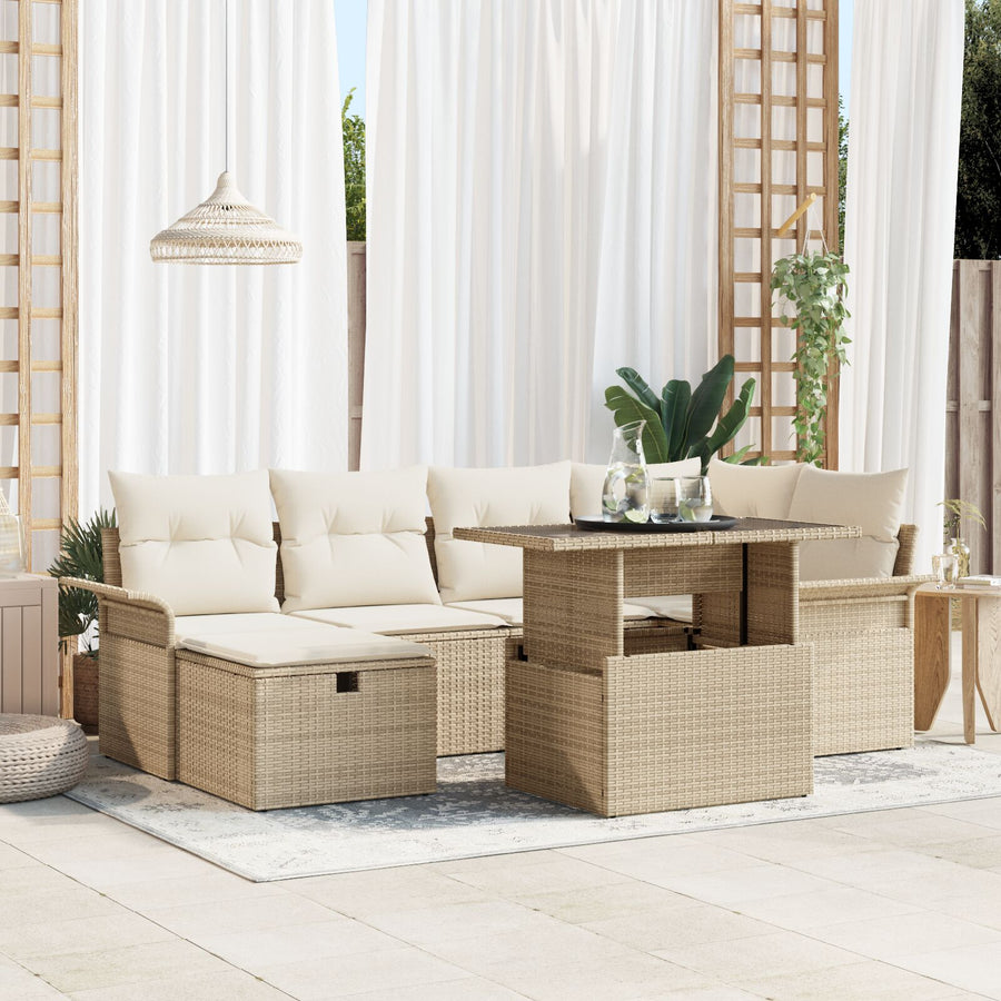7-Delige Tuinsofa Set Met Kussens Beige Poly Rattan