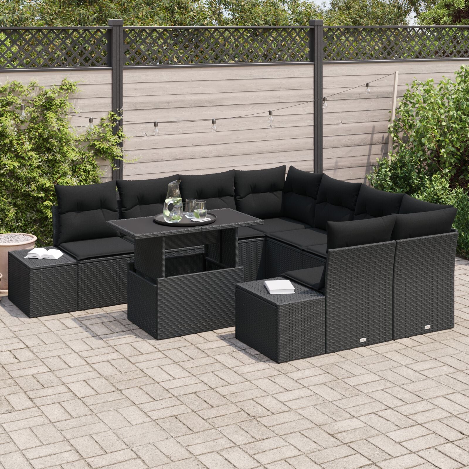 Tuinbank Set Set Van 9 Zwart Rattan, Polyester, Glas Tuinbank Set