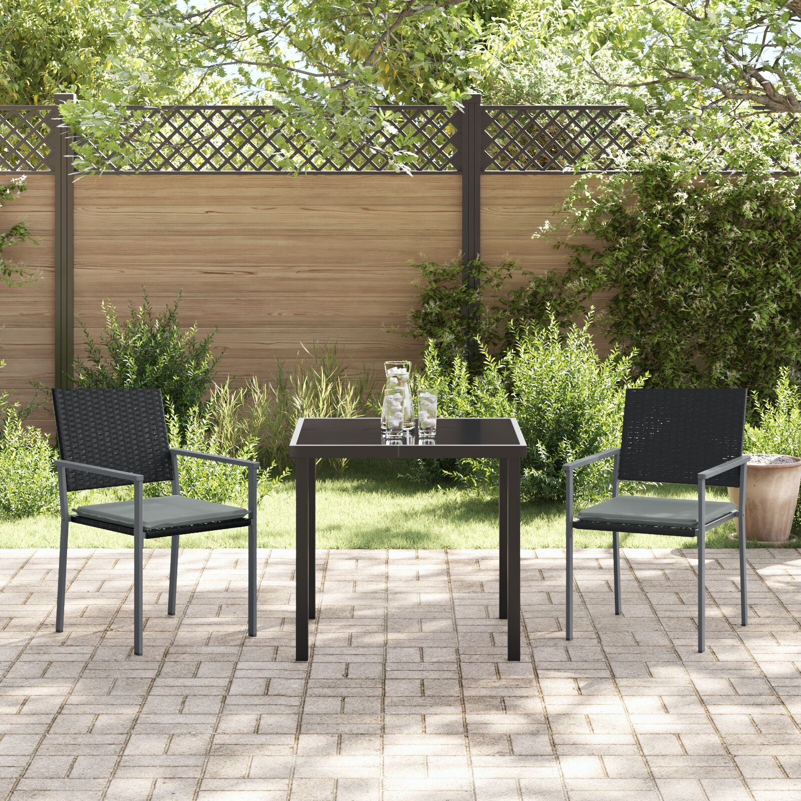 3-Persoons Tuin Eetset Met Kussens Zwart Poly Rattan