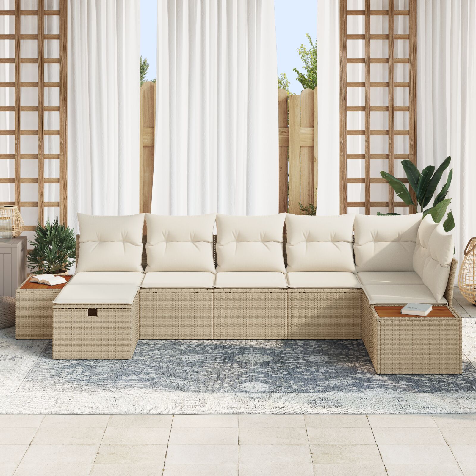 7-Delige Tuinbank Set Met Kussens Beige Poly Rattan