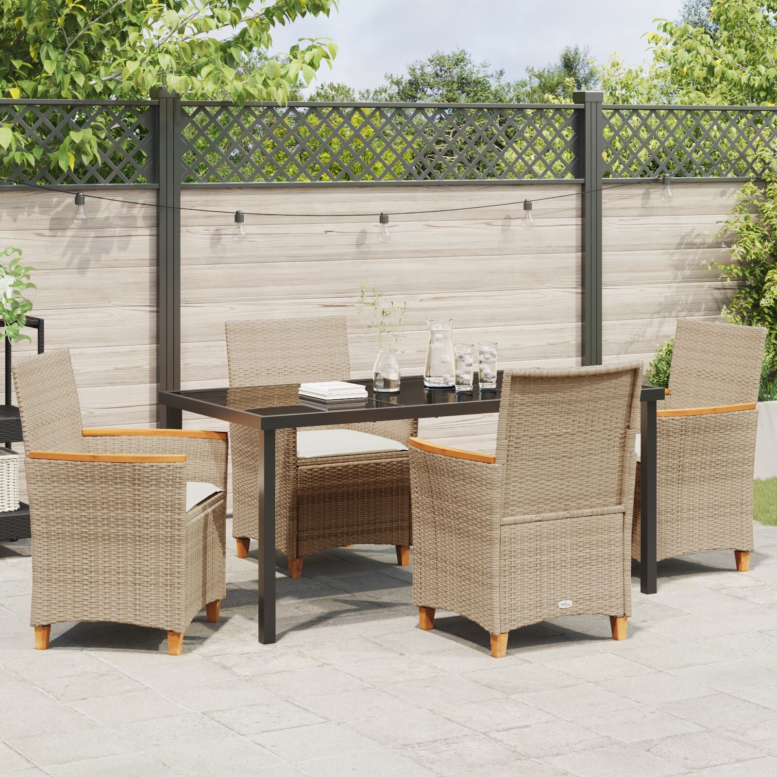 5-Delige Tuin Eetset Met Kussens Beige Poly Rattan