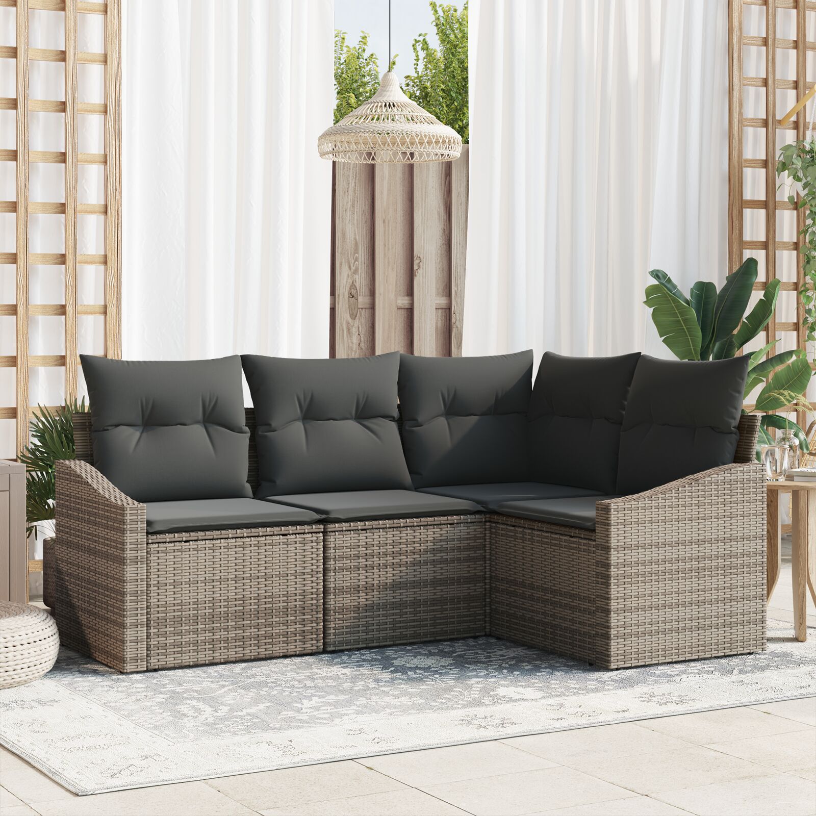 4-Delige Tuin Sofa Set Met Kussens Grijs Poly Rattan