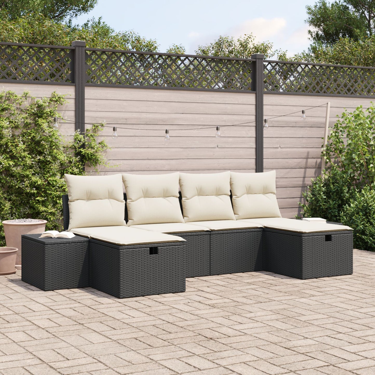 6-Delige Tuinbankset Met Kussens Zwart Poly Rattan