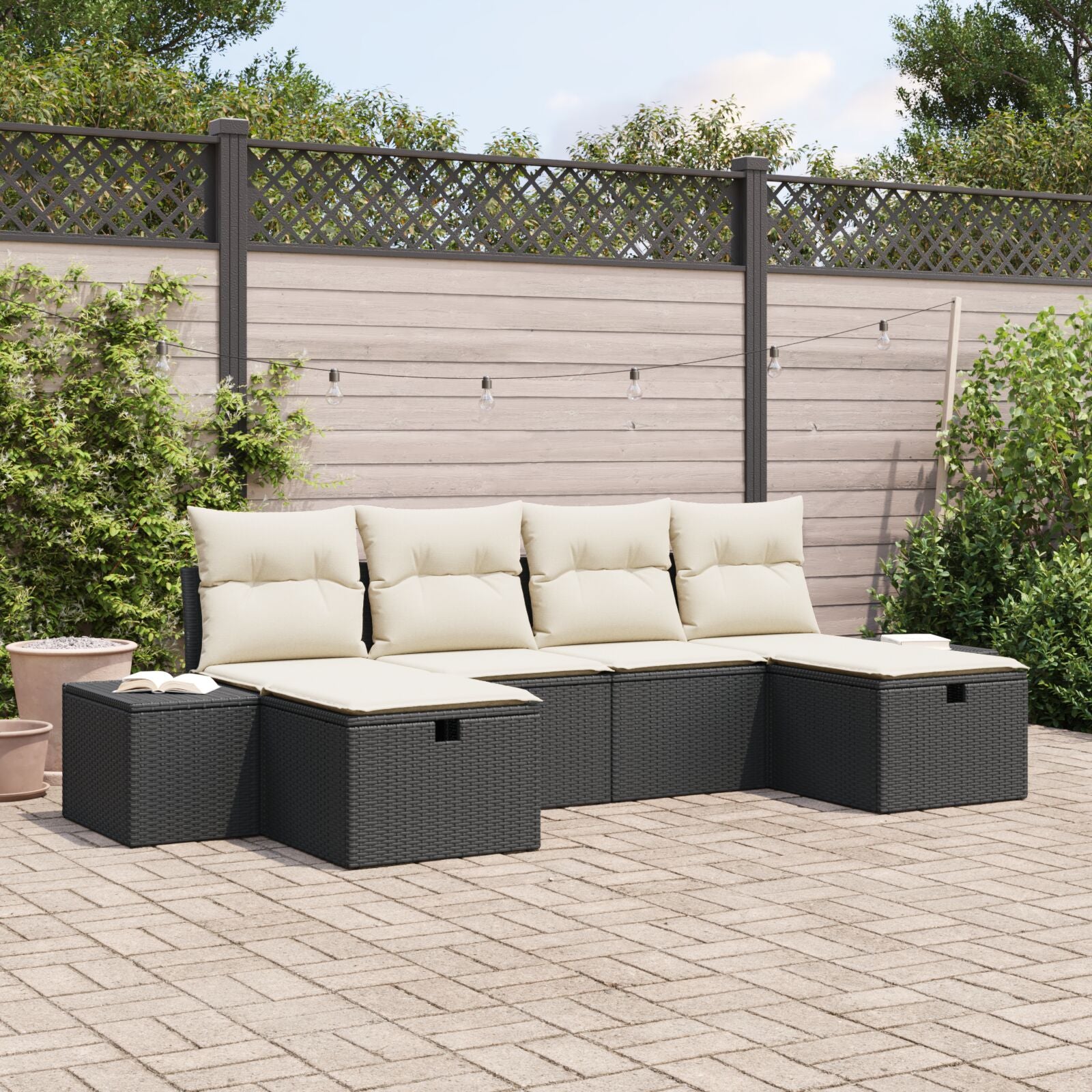 6-Delige Tuinbankset Met Kussens Zwart Poly Rattan