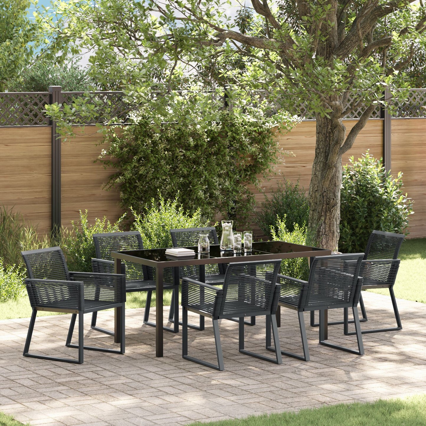 7-Stuks Tuin Eetset Zwart Poly Rattan