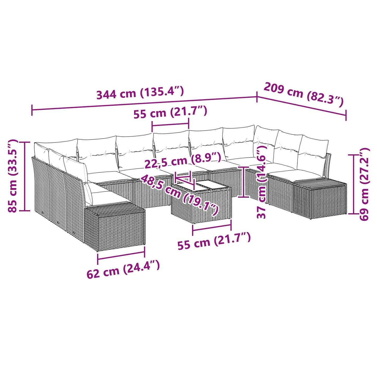 11-Delige Tuin Sofa Set Met Kussens Bruin Poly Rattan Beige en crème met tafel