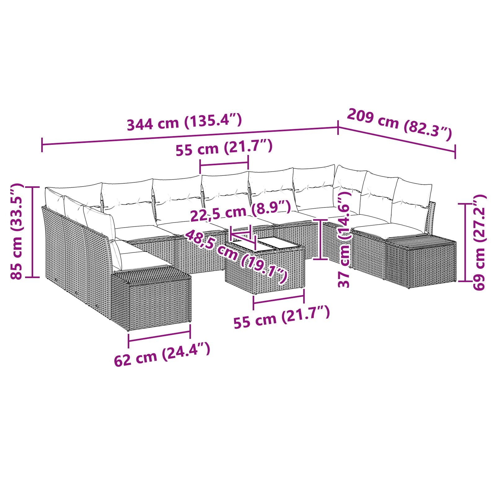 11-Delige Tuin Sofa Set Met Kussens Bruin Poly Rattan Beige en crème met tafel