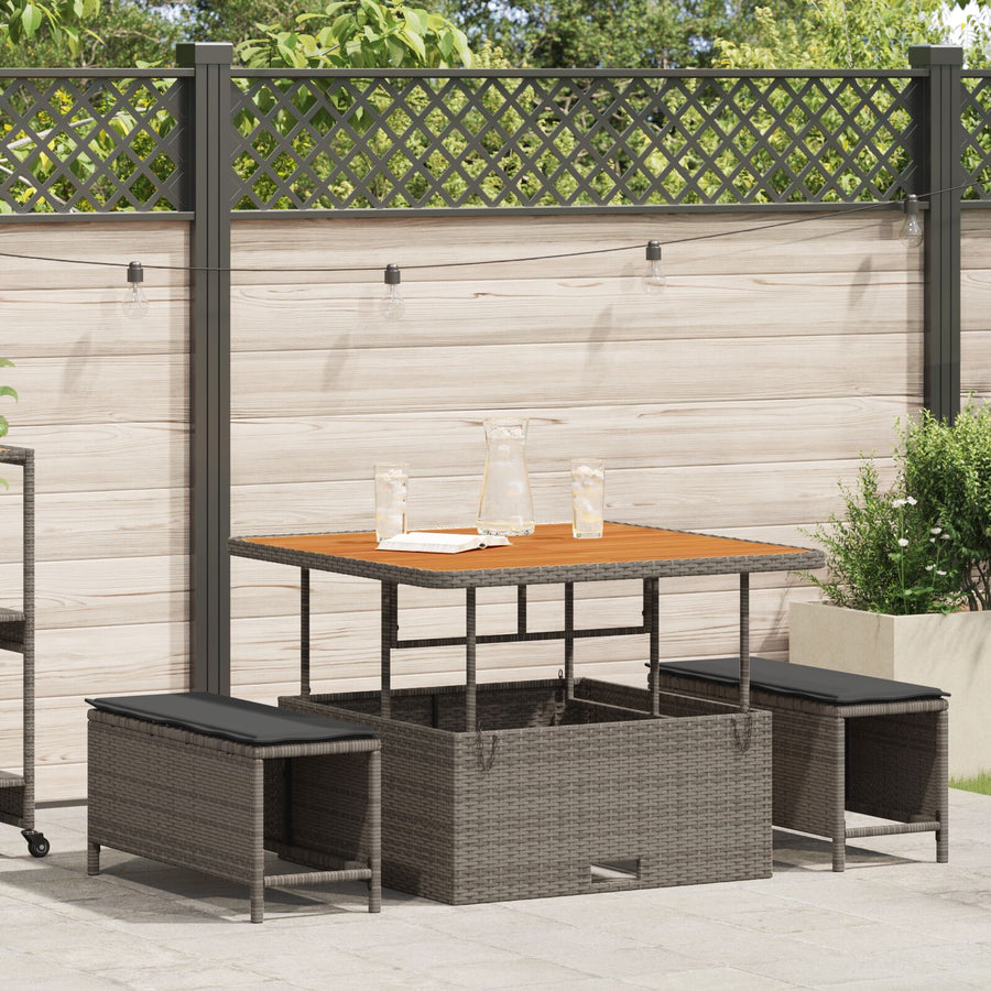 3-Delige Tuin Eetset Met Kussens Poly Rattan Acacia 100 cm Grijs 2 krukken