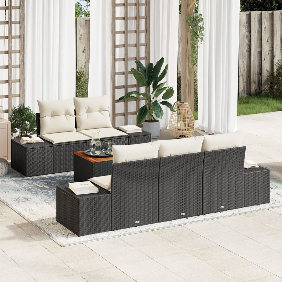 6-Delige Tuinbank Set Met Kussens Zwart Poly Rattan Acacia
