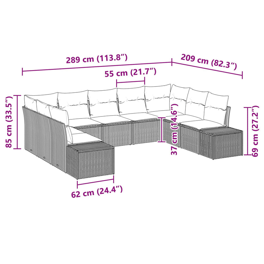 Tuin Sofa Set Set Van 9 Rattan, Polyester Bruin en crème zonder tafel
