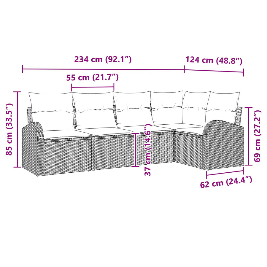 5 Delige Tuin Sofa Set Met Kussens Licht Grijs Poly Rattan Lichtgrijs zonder tafel