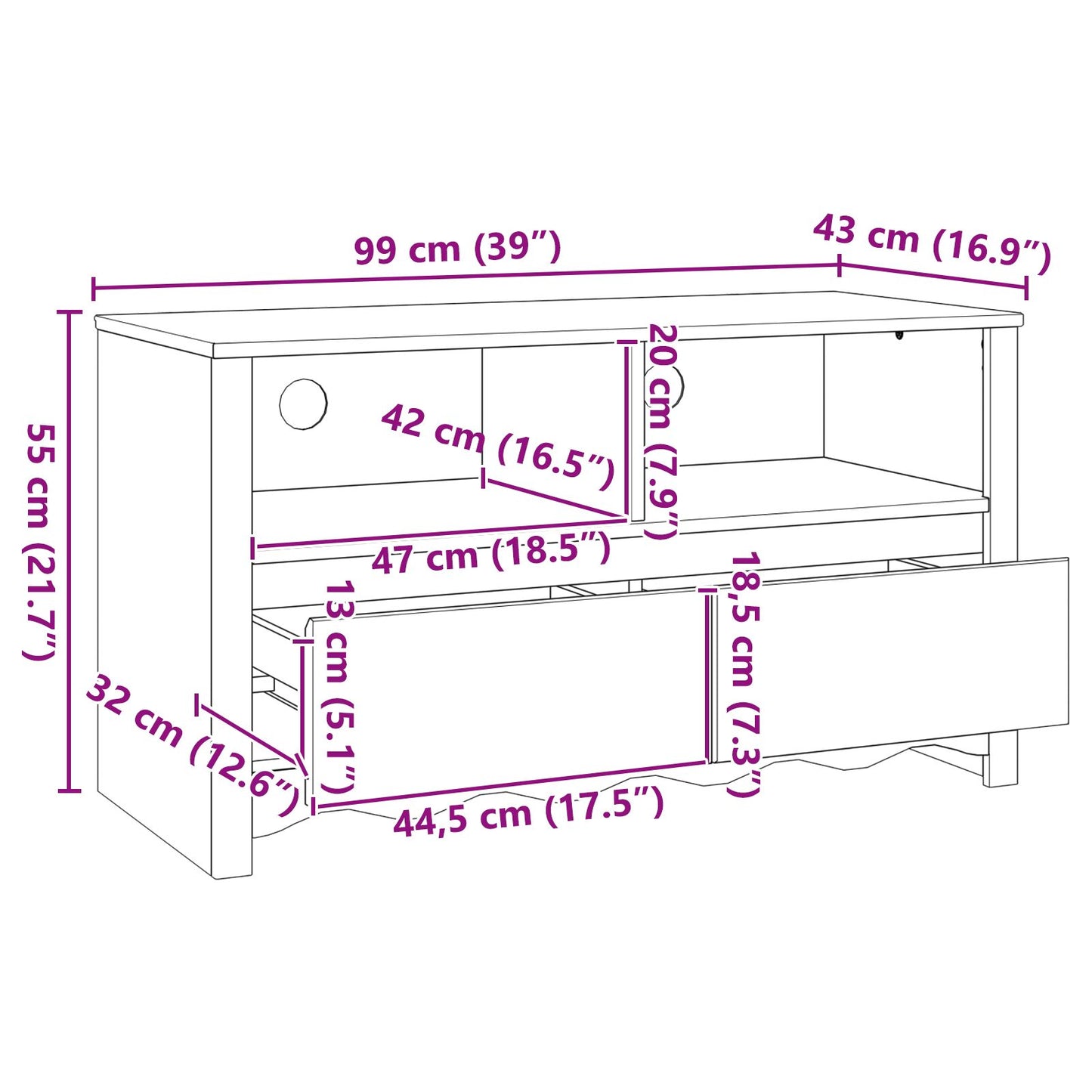 Tv-Kast ""Drammen"" 99X43X55 Cm Massief Hout Vuren Wit