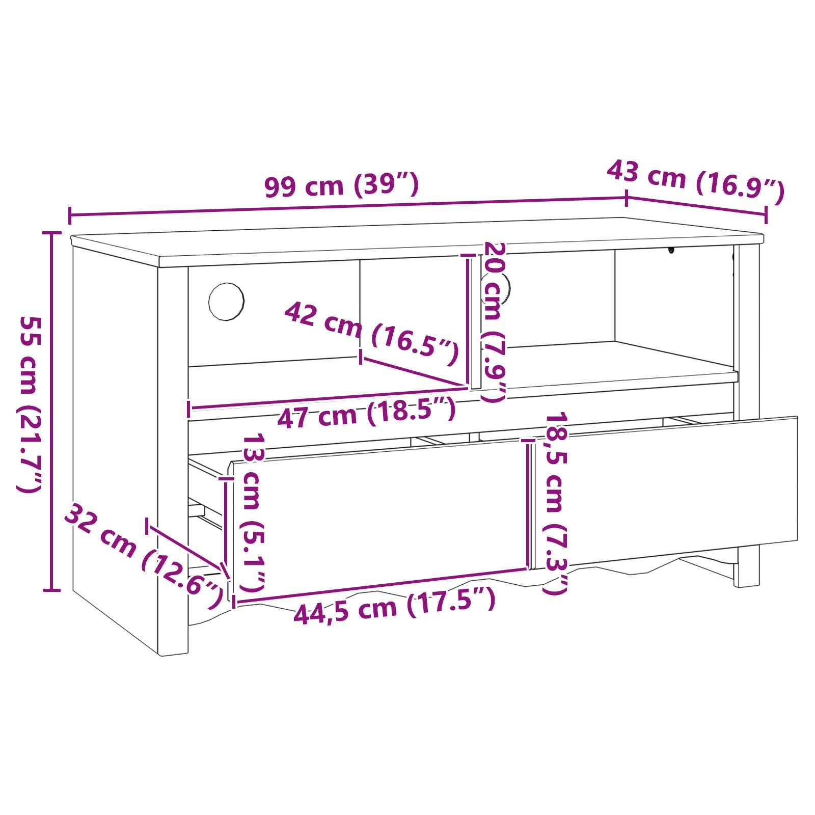 Tv-Kast ""Drammen"" 99X43X55 Cm Massief Hout Vuren Wit