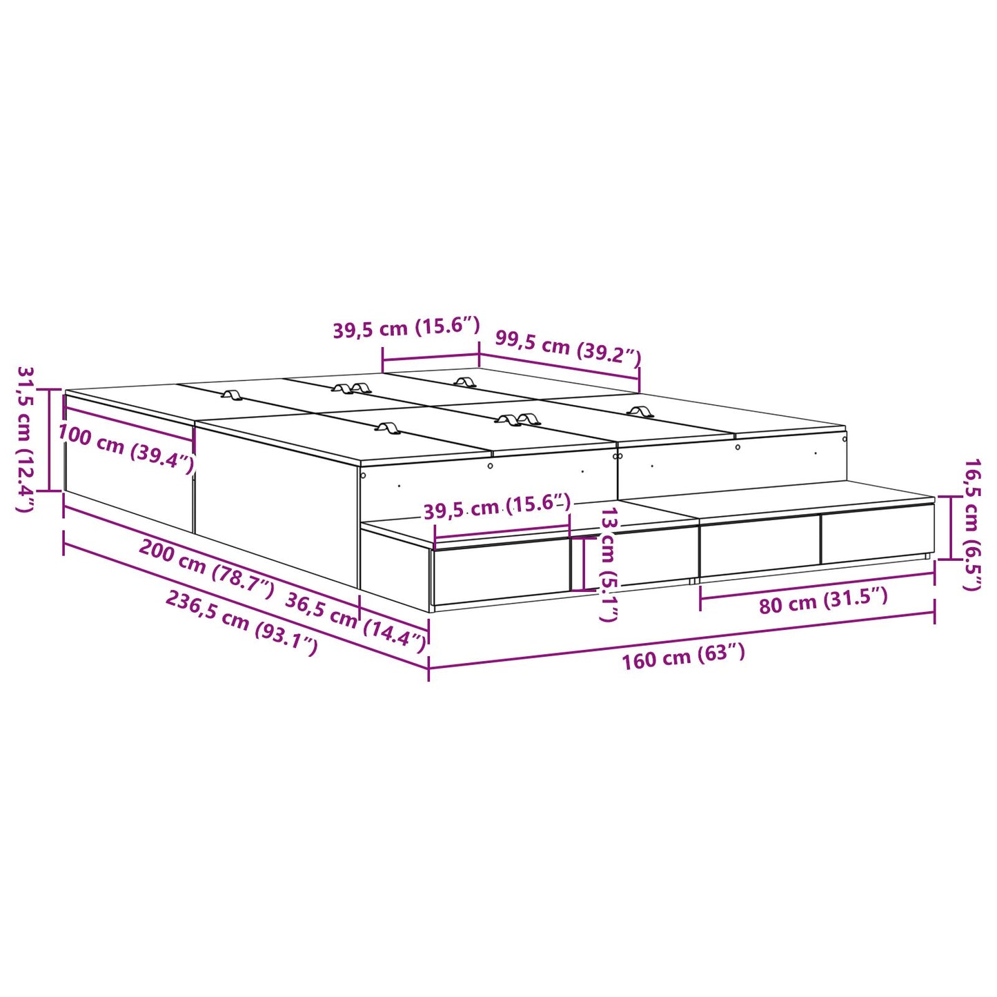 Opslagbedframe Beton Grijs Bewerkt Hout 160 X 200 Cm Opslag Artisanaal Eiken