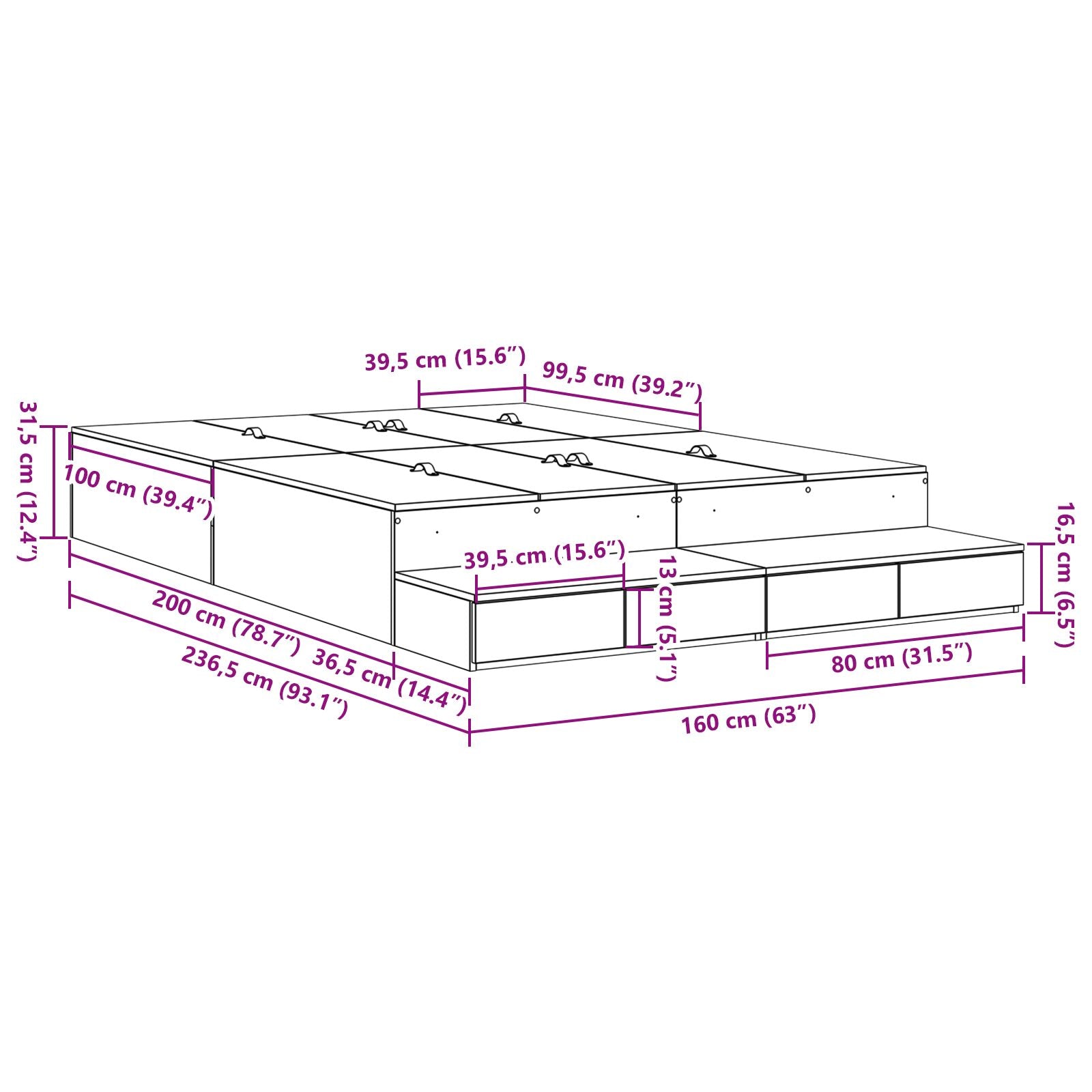 Opslagbedframe Beton Grijs Bewerkt Hout 160 X 200 Cm Opslag Artisanaal Eiken