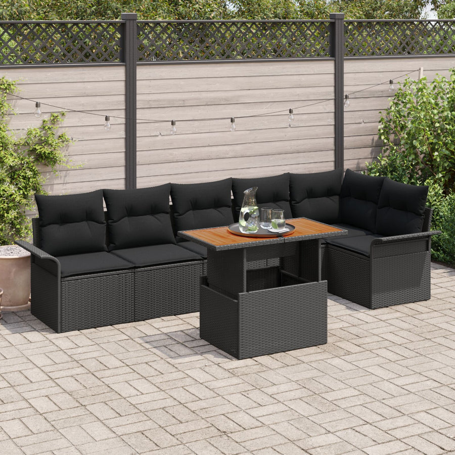 7-Delige Tuin Eettafel Met Kussens Zwart Poly Rattan Acacia