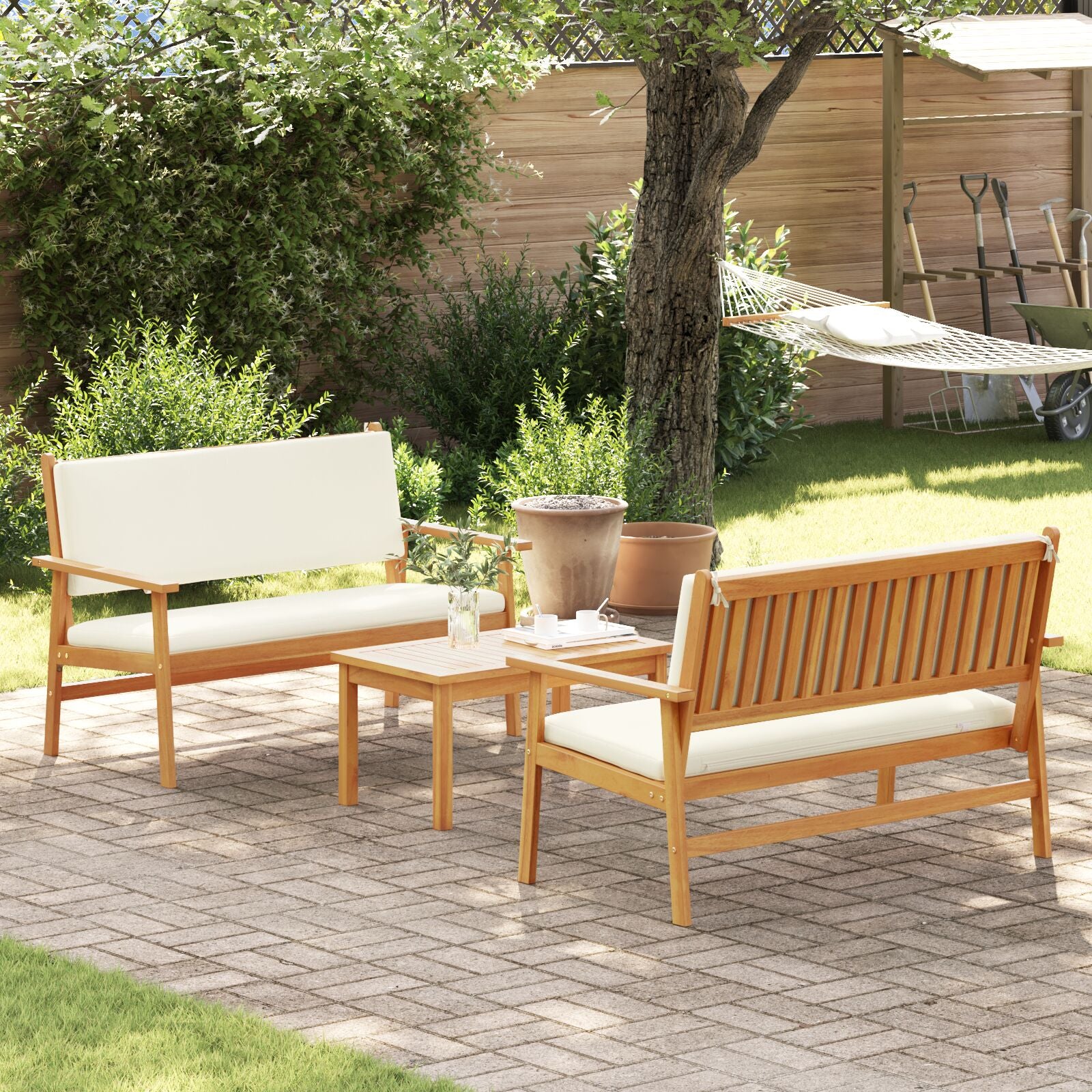 3-Delige Tuinsofa Set Met Kussen Van Massief Acaciahout