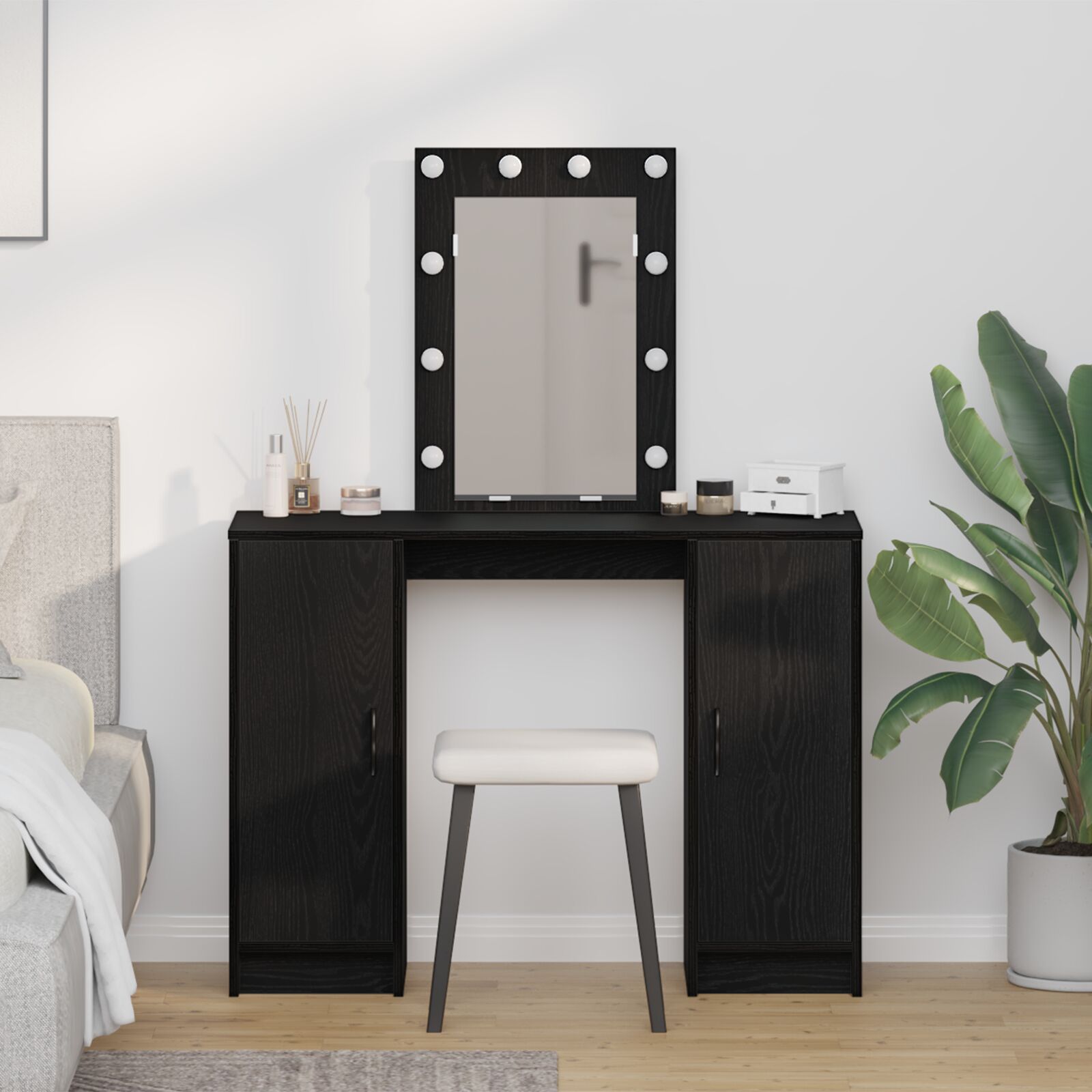 Kaptafel Met Led Verlichting 102X33X135 Cm Zwart eiken