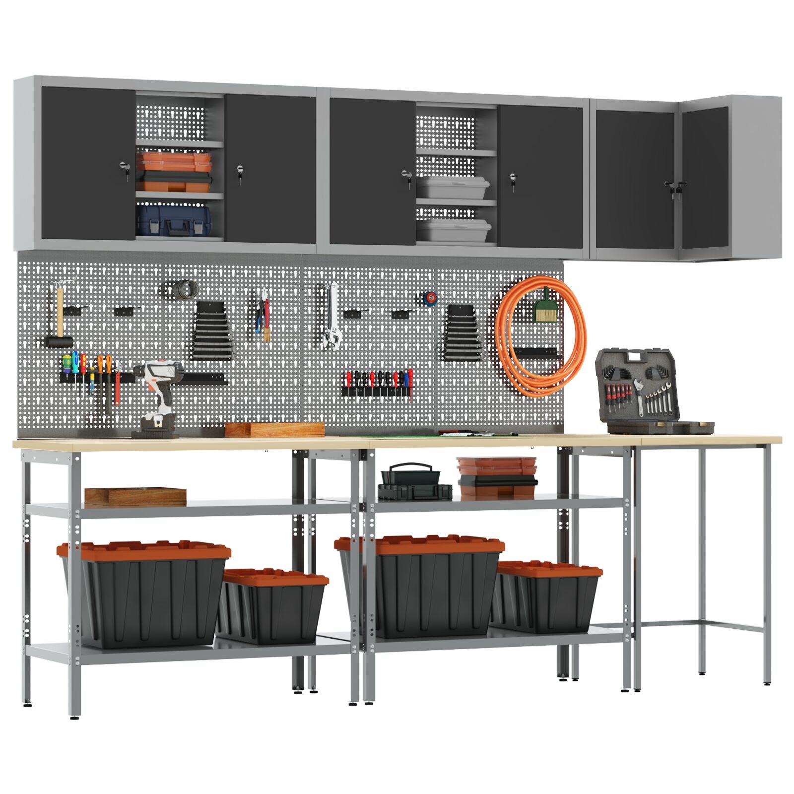10-Delig Gereedschapsopslagtafelset Geperst Hout En Metaal 100 cm cabinet met pegboard Zwart 3x tafel + 4x cabinet + 6x pegboard