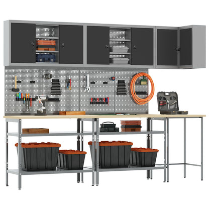 10-Delig Gereedschapsopslagtafelset Geperst Hout En Metaal 100 cm cabinet met pegboard Zwart 3x tafel + 4x cabinet + 6x pegboard