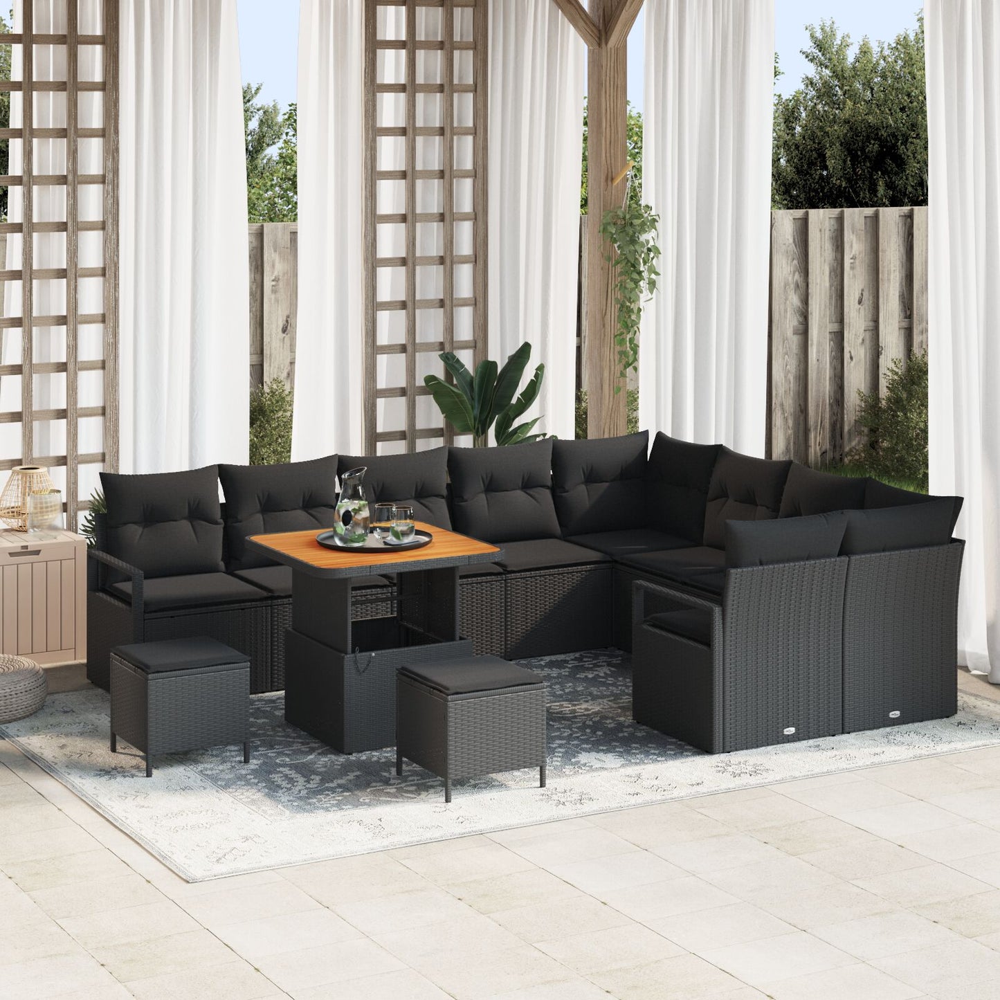 12-Delige Tuin Sofa Set Met Kussens In Zwart Poly Rattan, 2-Zits Tuin Sofa Met Opbergruimte & Kussens In Zwart Poly Rattan, 3-Delige Tuin Eet Set Met Kussens In Zwart Poly Rattan Wit