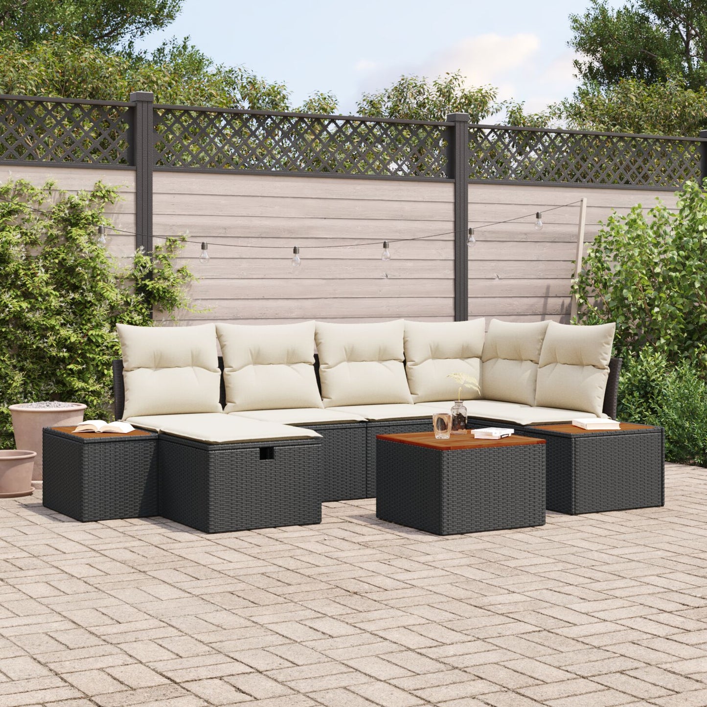7-Delige Tuin Sofa Set Met Kussens Zwart Poly Rattan