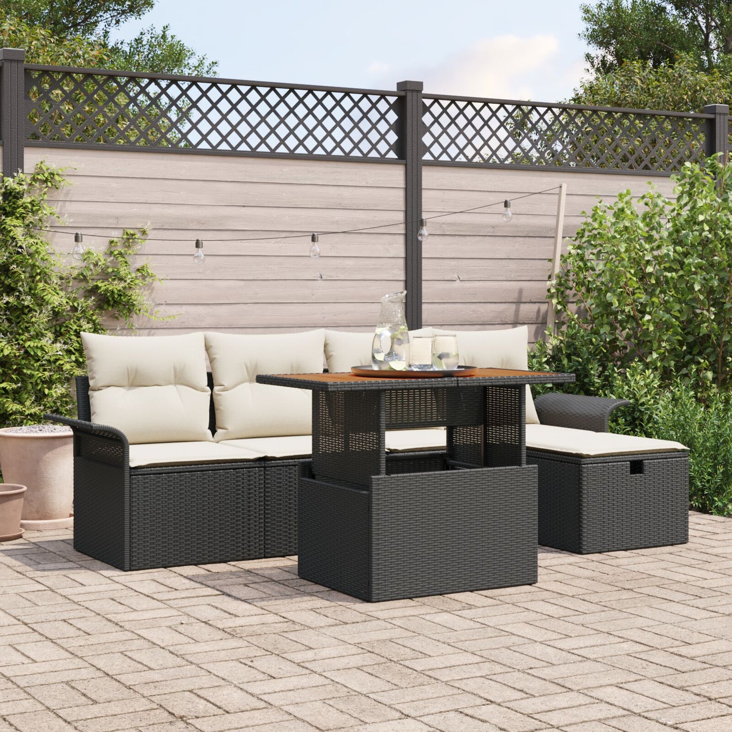 6-Delige Tuin Sofa Set Met Kussens Zwart Poly Rattan, 2-Zit Tuin Sofa Met Opbergruimte & Kussens Zwart Poly Rattan Wit