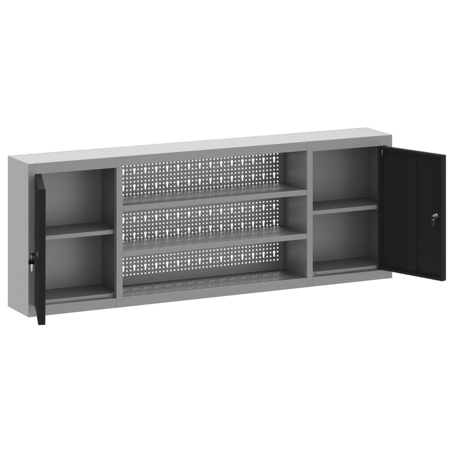 Gereedschapskast Wandmontage Met Pegboard 150X20X55 Cm Staal 150 cm Zwart en grijs Wandkast met pegboard