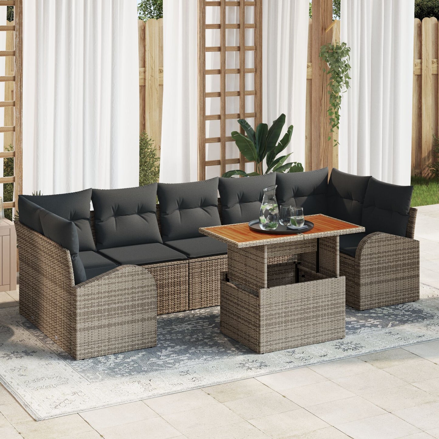 Tuin Sofa Set Set Van 8 Grijs, Bruin Riet, Polyester, Glas