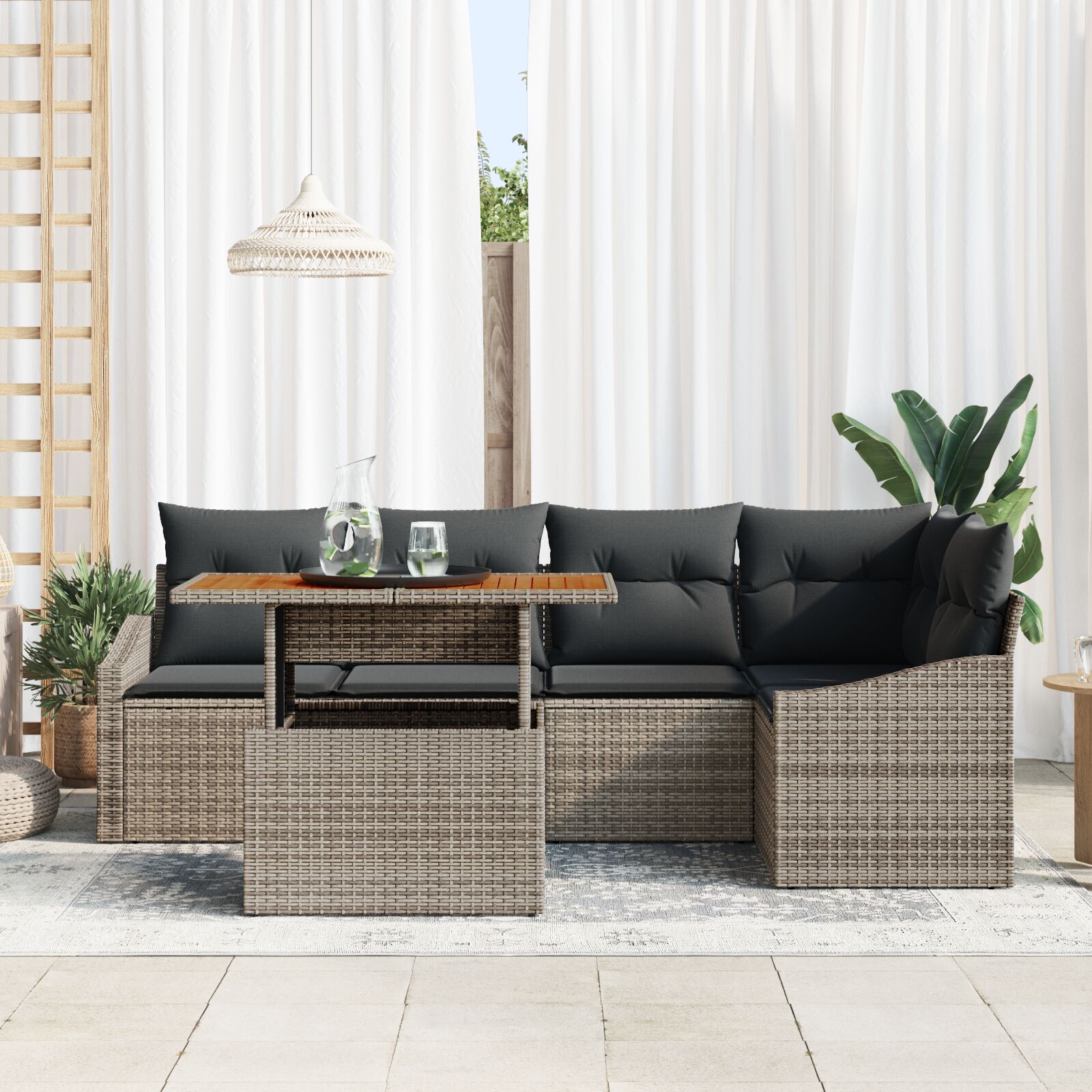 6-Delige Tuin Sofa Set Met Kussens Grijs Poly Rattan