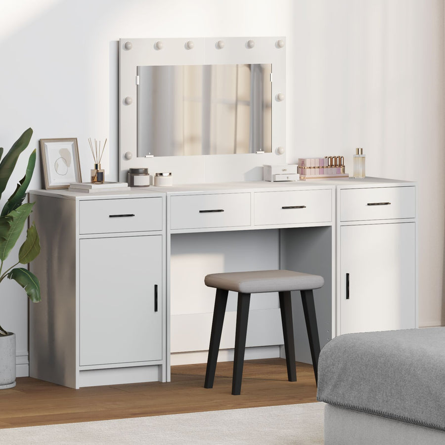 3-Delige Kaptafel Set Met Led, Wit Bewerkt Hout