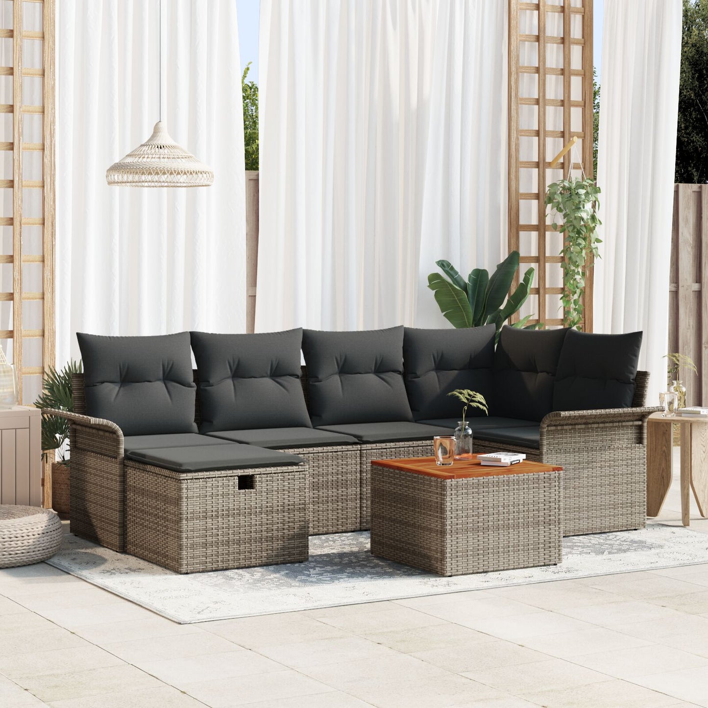 7-Delig Tuin Sofa Set Met Kussens Grijs Poly Rattan