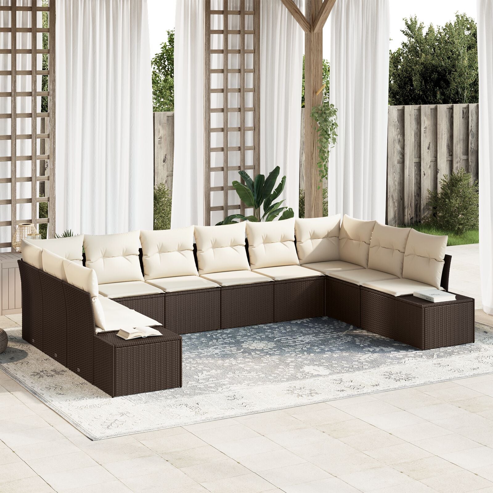 Set Van 10 Tuin Sofa Met Kussens Poly Rattan Bruin en crèmewit zonder tafel