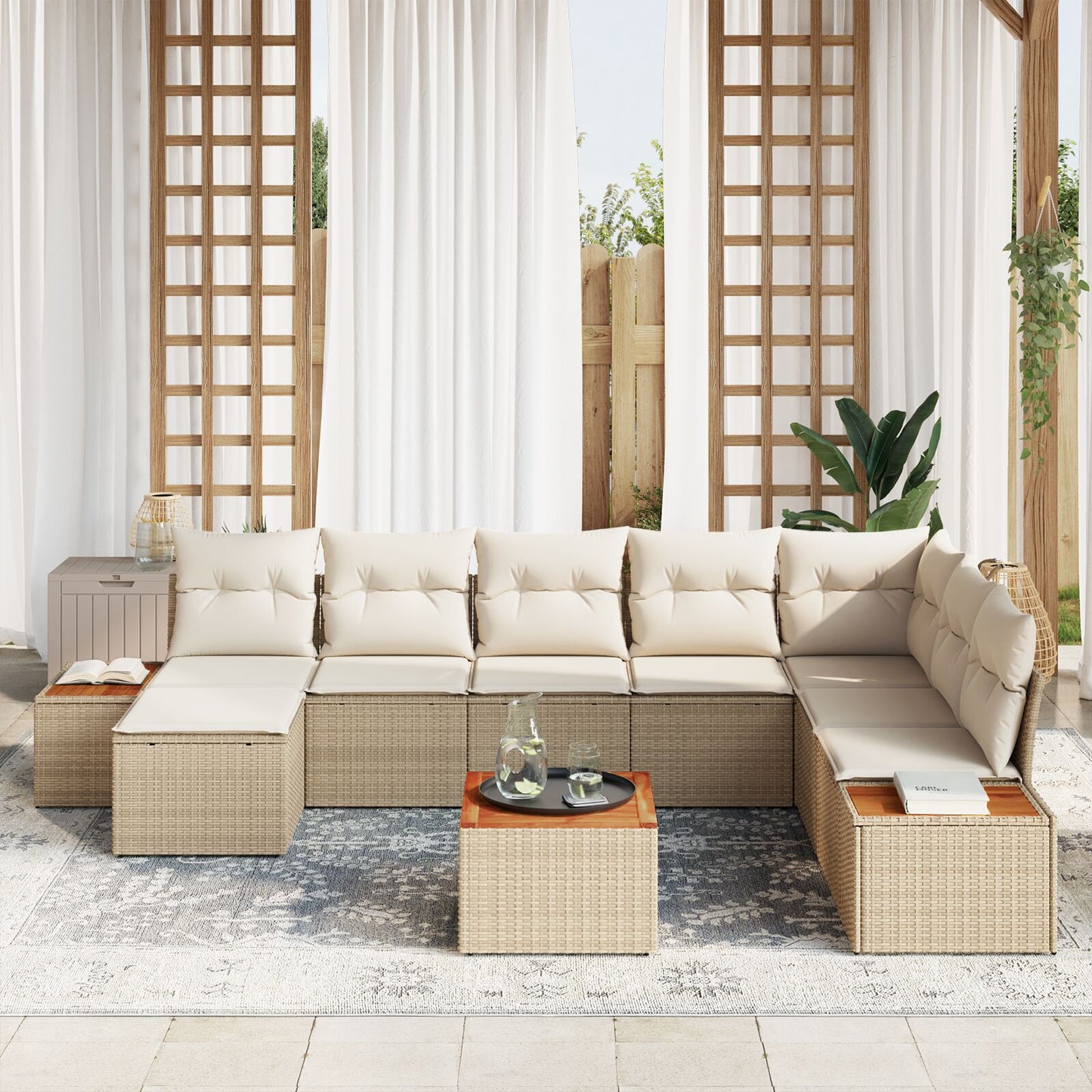 9-Delige Tuinbankset Met Kussens Beige Poly Rattan Acacia