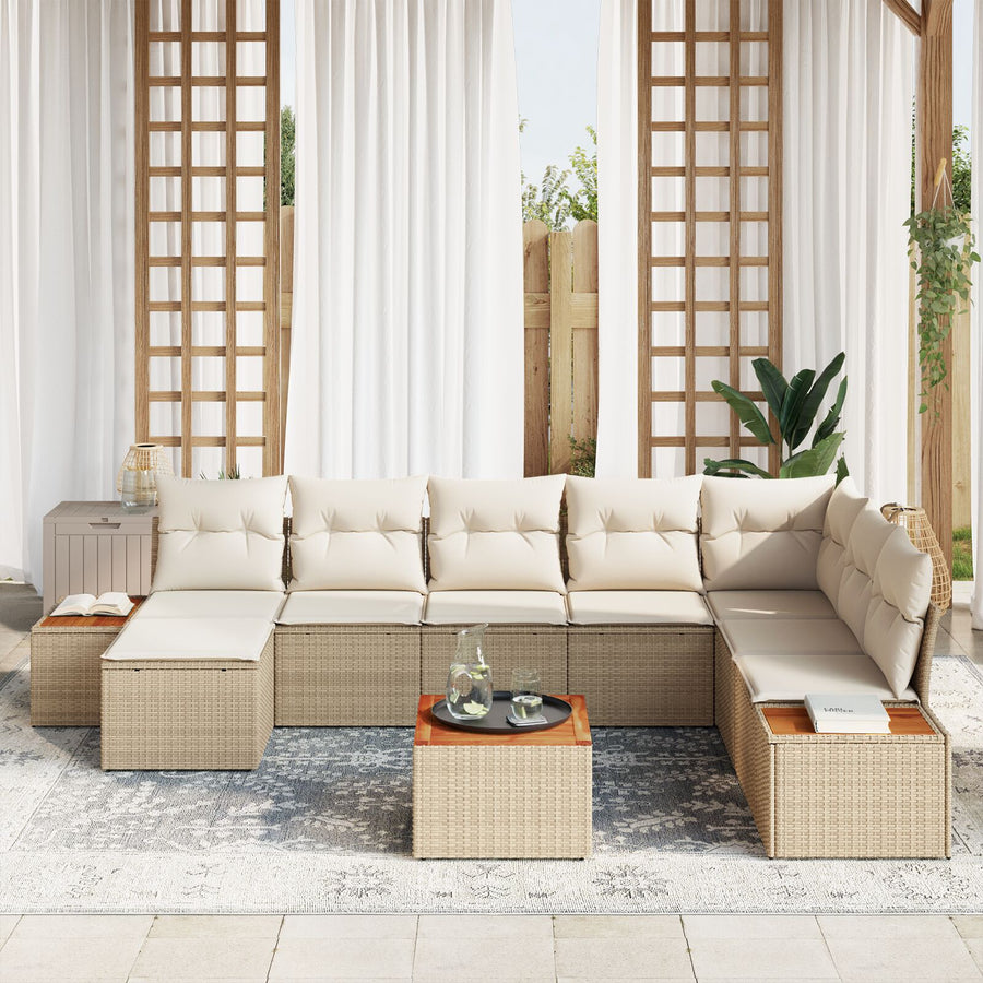 9-Delige Tuinbankset Met Kussens Beige Poly Rattan Acacia