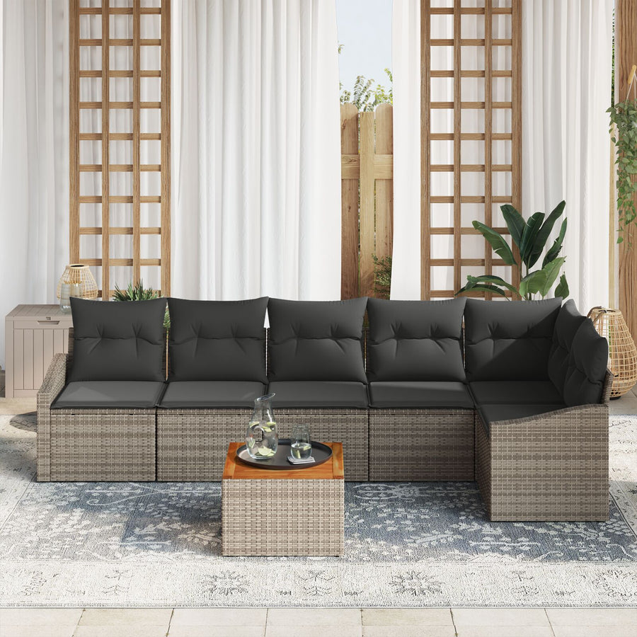 7-Delige Tuin Sofaset Met Kussens Grijs Poly Rattan Acacia