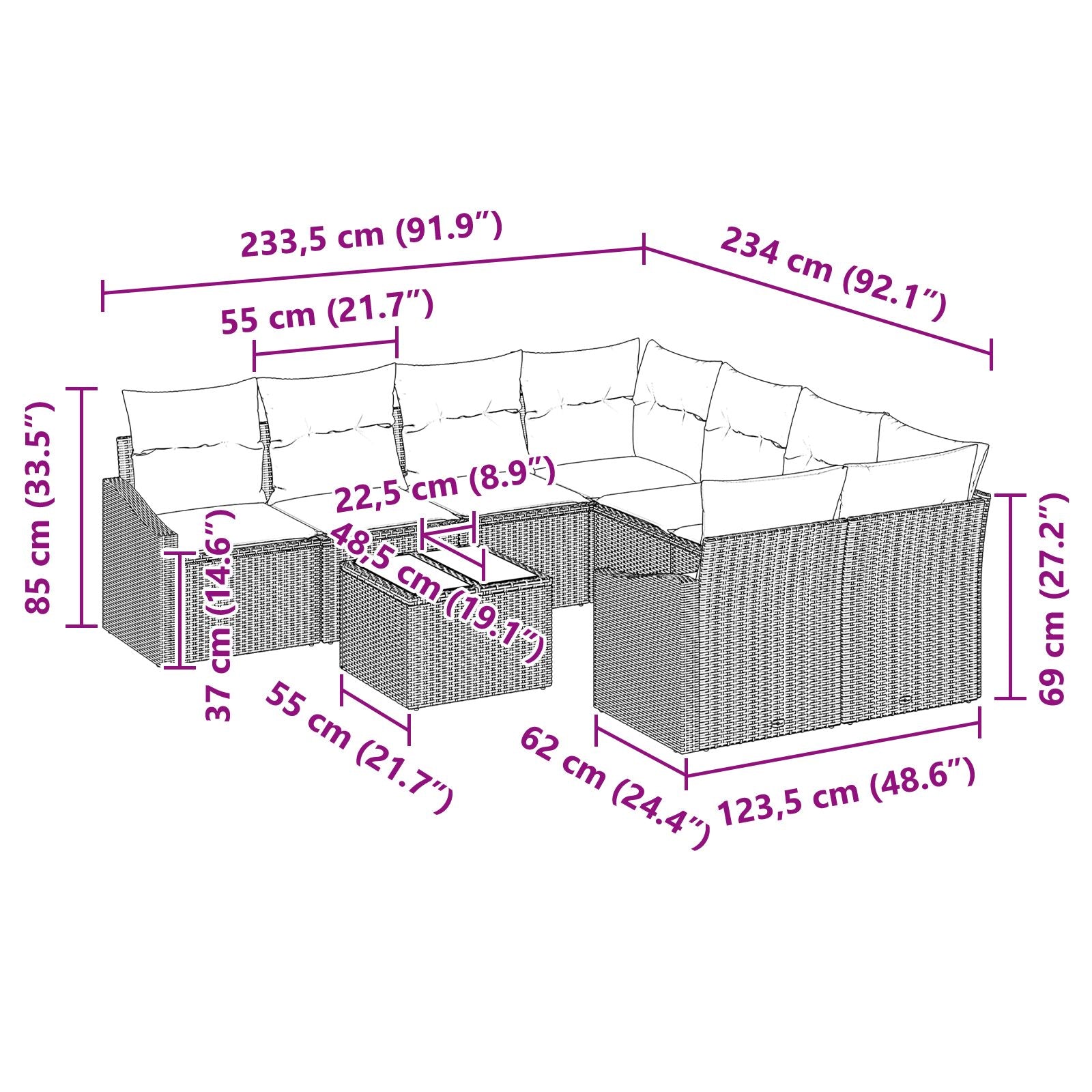 9-Delige Tuin Sofa Set Met Kussens Lichtgrijs Poly Rattan