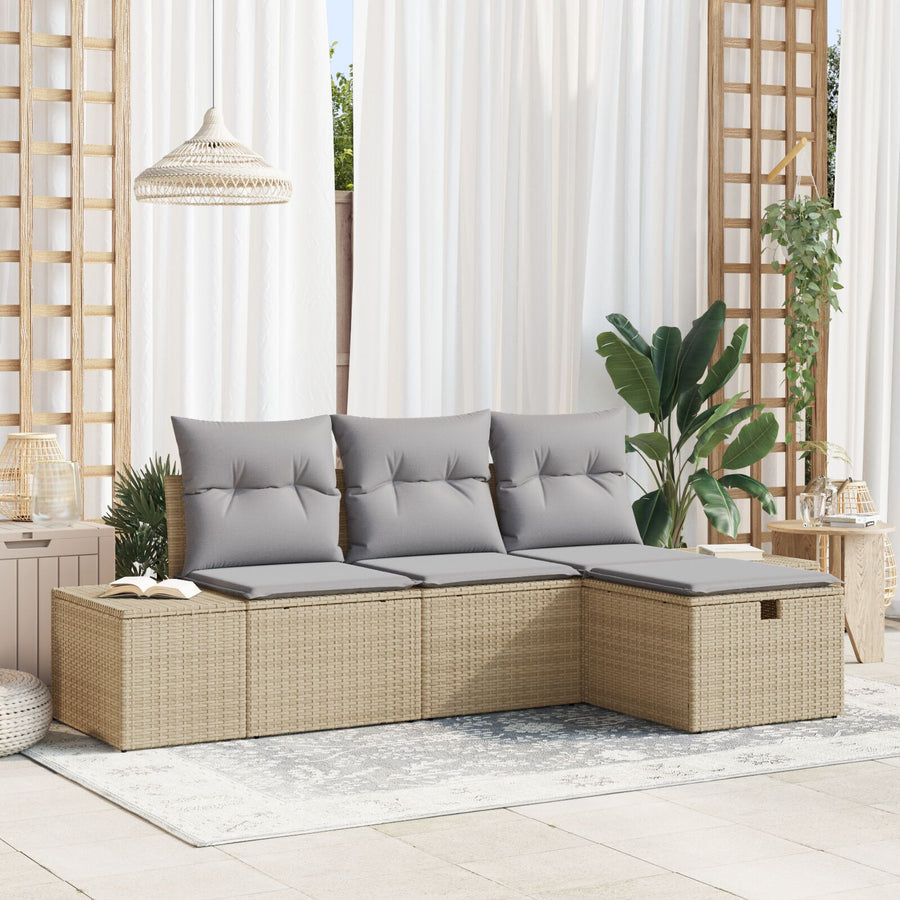 4-Delige Tuinbankset Met Kussens Beige Poly Rattan Wit