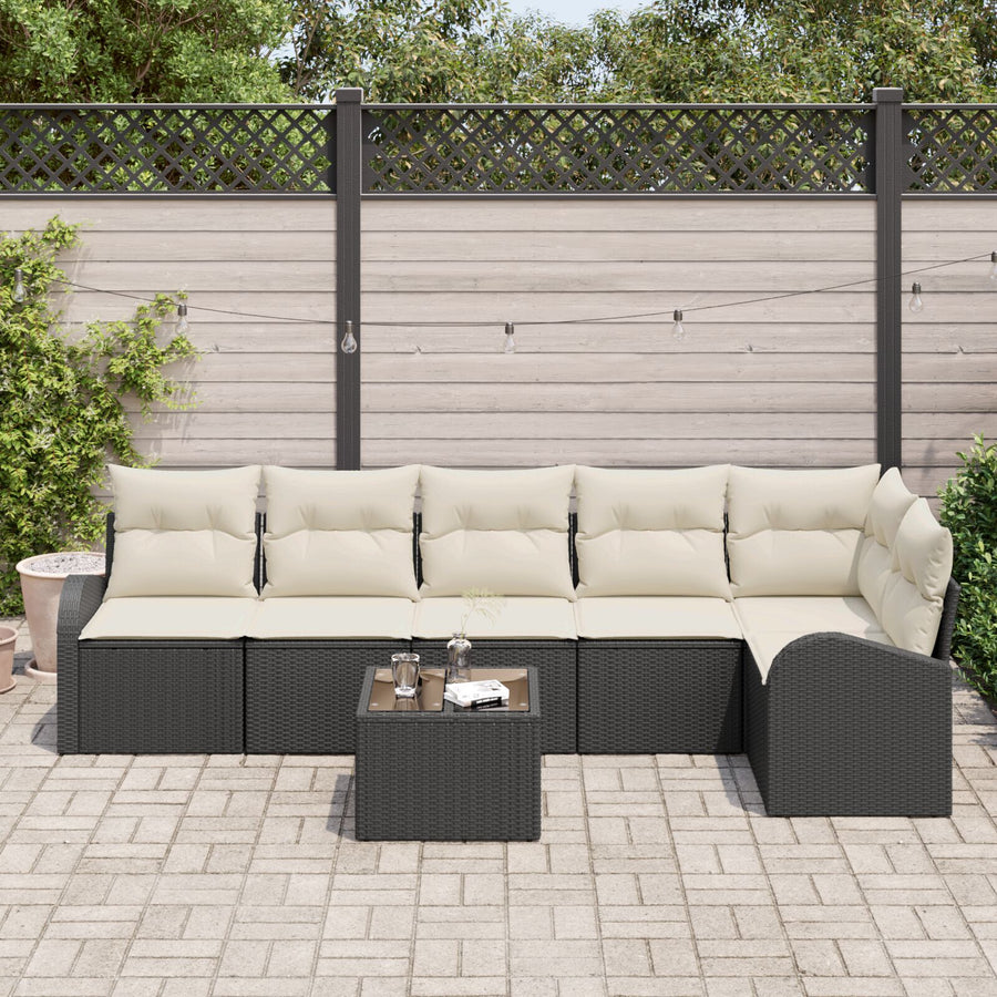 6-Delige Tuin Sofa Set Met Kussens Bruine Poly Rattan Zwart en crème met tafel