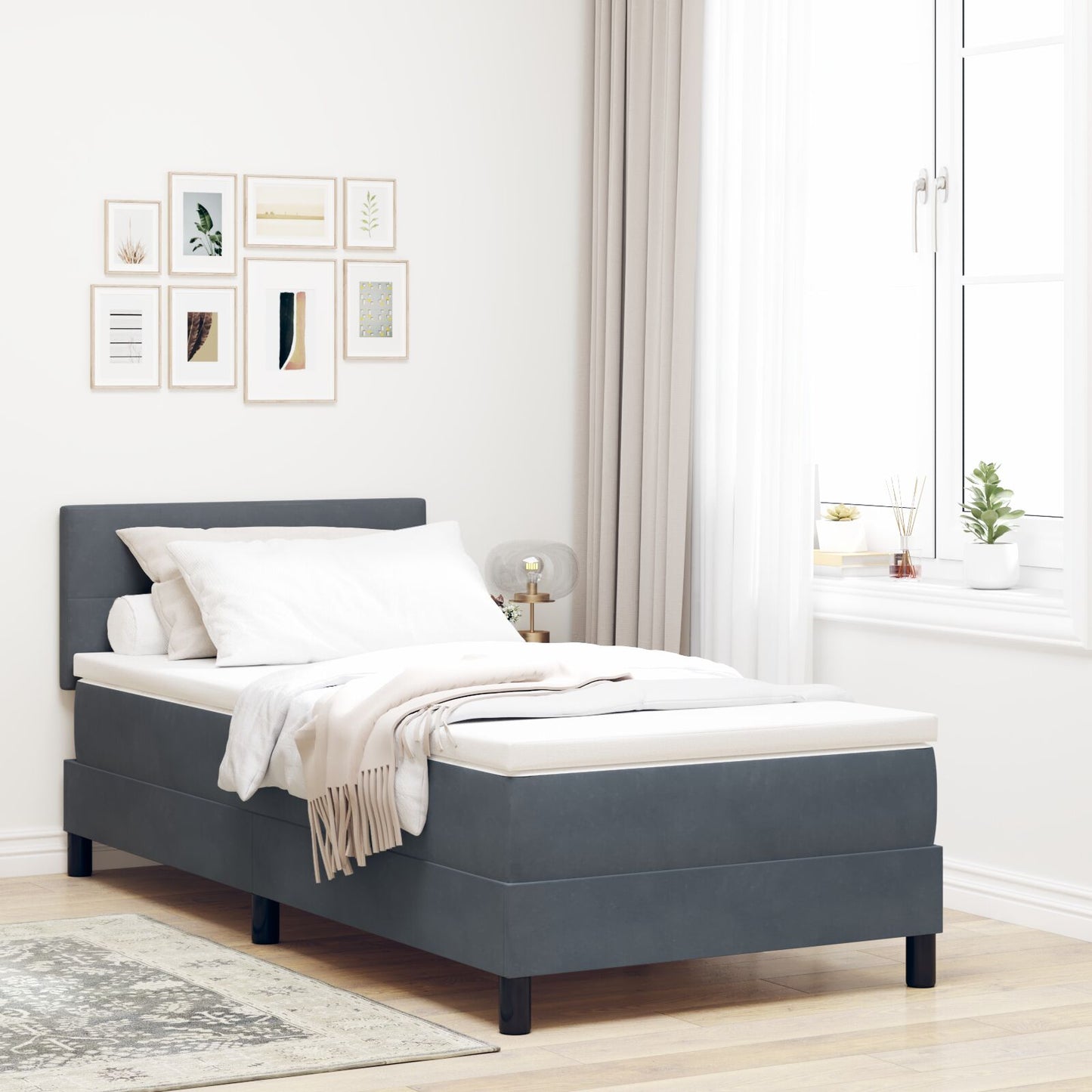 Boxspringbed Met Matras Donkergrijs 100X200 Cm Fluweel Blauw