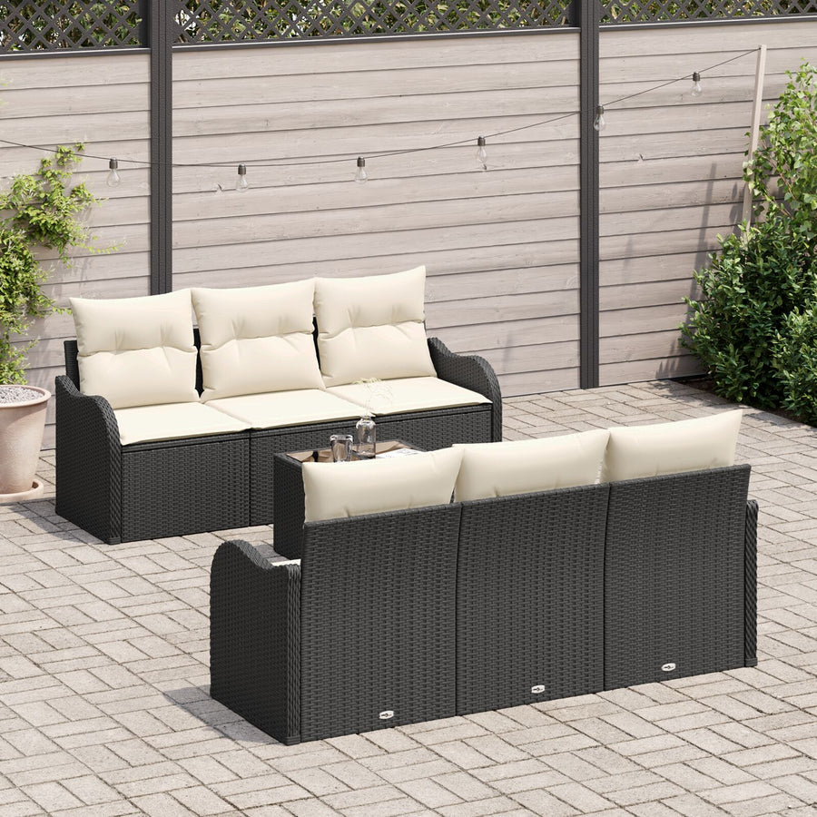 7-Delige Tuin Sofa Set Met Kussens Zwart Poly Rattan