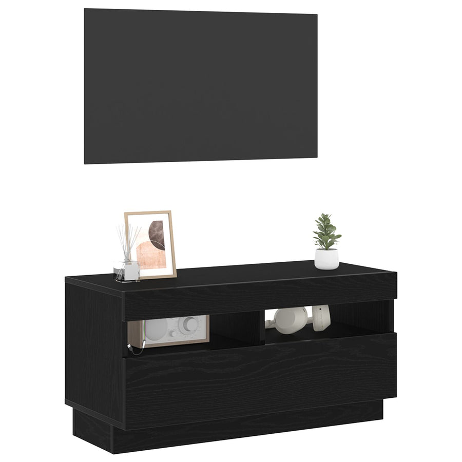 Tv-Meubel Met Led-Verlichting Zwart Eiken 80X35X40 Cm Bewerkt Hout