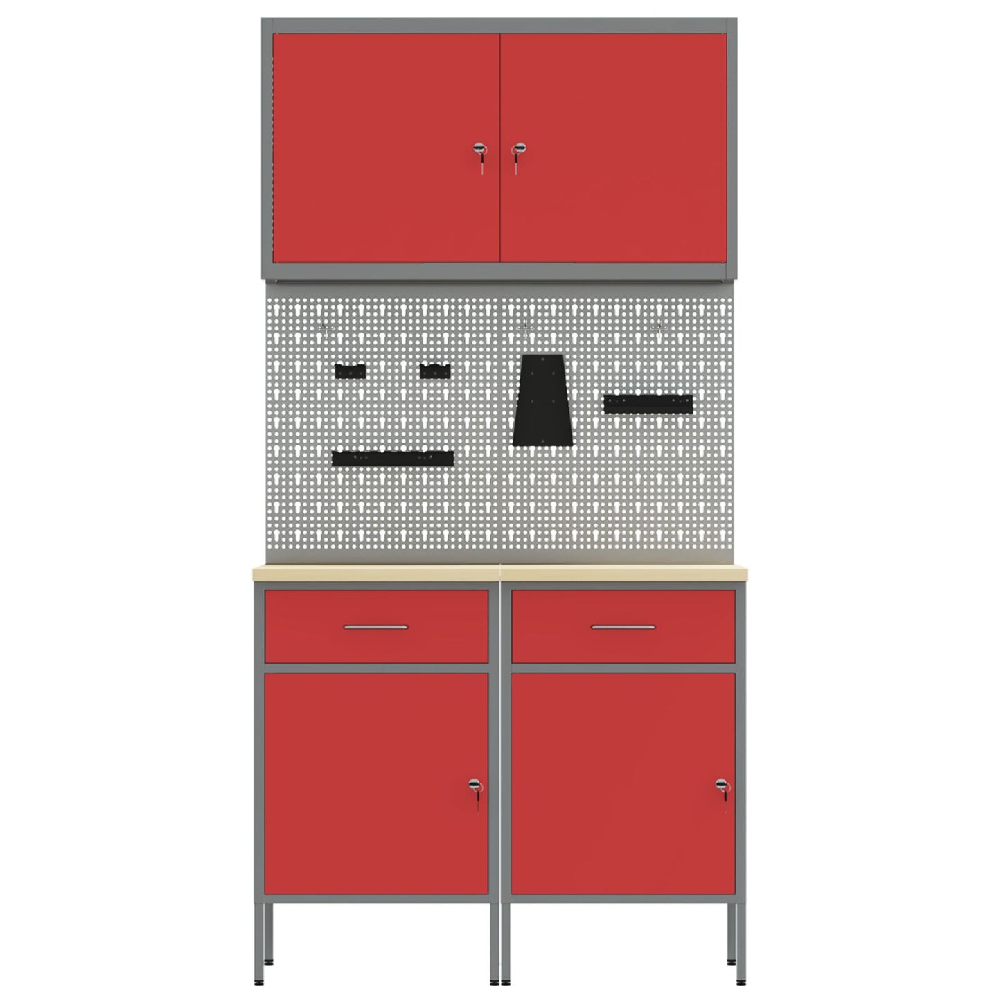 5-Delige Werktafelset Staal 2x (84 cm) Rood 2x kast + 2x pegboard + gereedschapskast