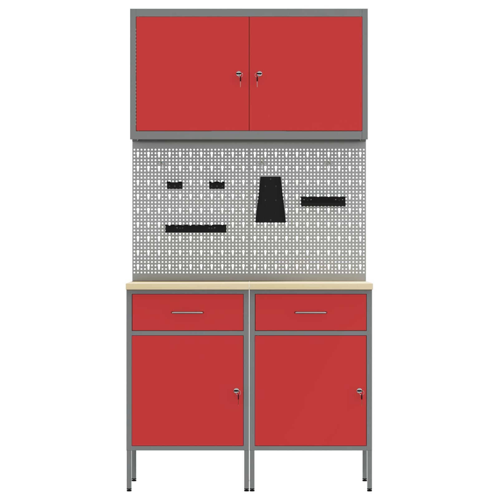5-Delige Werktafelset Staal 2x (84 cm) Rood 2x kast + 2x pegboard + gereedschapskast