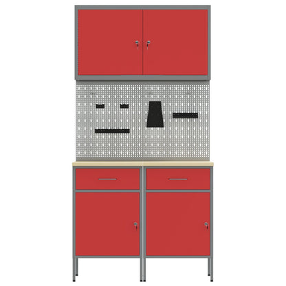 5-Delige Werktafelset Staal 2x (84 cm) Rood 2x kast + 2x pegboard + gereedschapskast